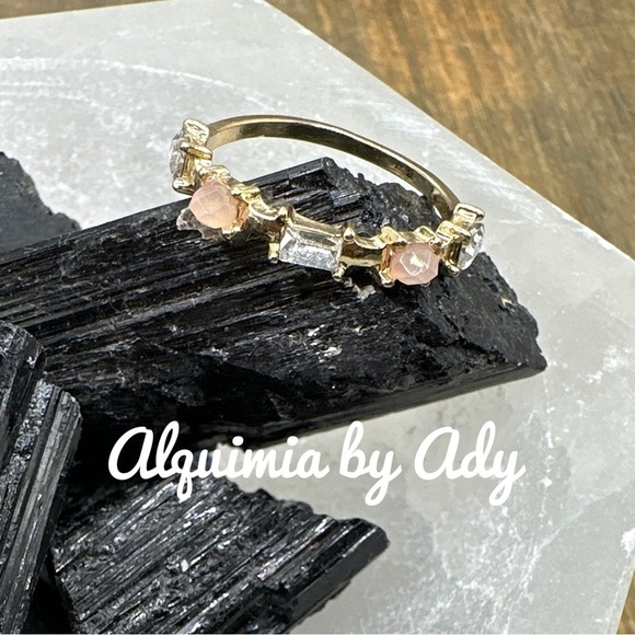 Soft baby pink crystal jewel tone gold steel ring dainty band - Picture 2 of 7